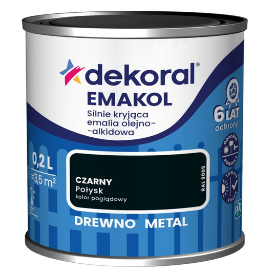 Dekoral Emakol olie-alkyd emalje til træ og metal, sort, 0,2 l