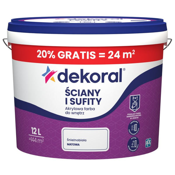 Dekoral akrylmaleri til indendørs brug til vægge og lofter, snehvid mat, 10 l + 20 % gratis
