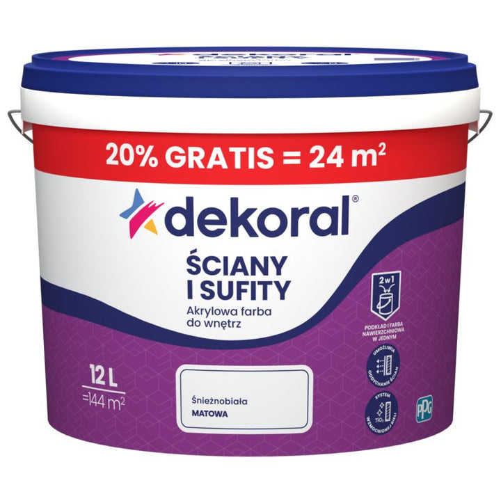 Dekoral akrylmaleri til indendørs brug til vægge og lofter, snehvid mat, 10 l + 20 % gratis