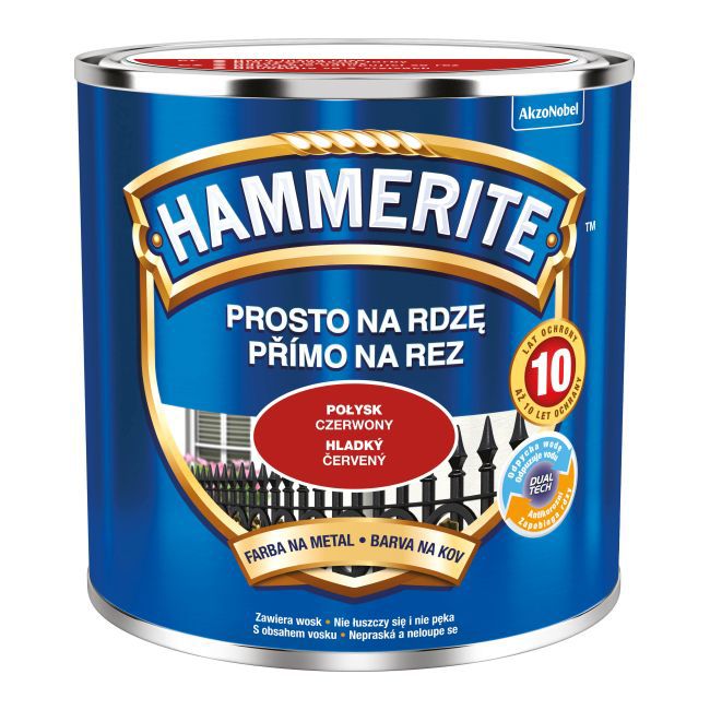 Hammerite metalmaling direkte på rust, blank, rød, 0,25 l