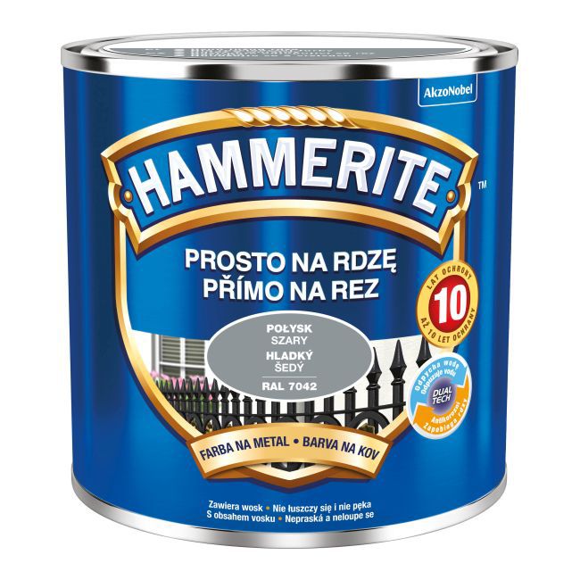 Hammerite metalmaling direkte på rust, grå blank, 0,25 l