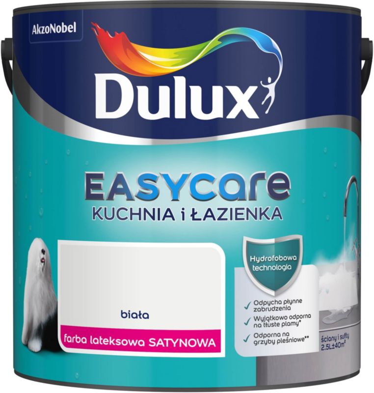 Dulux EasyCare plamemodstandsdygtig maling til køkken og badeværelse, hvid satin, 2,5 l