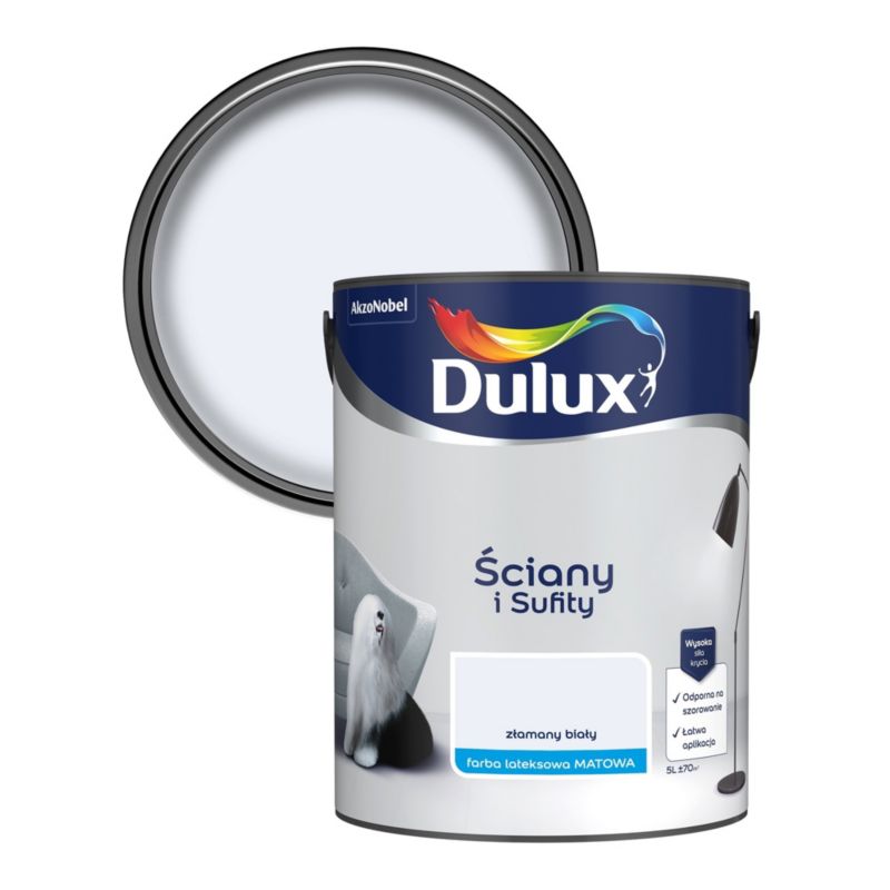 Dulux vægmaling og loftmaling, pletresistent, brudt hvid, 5 l