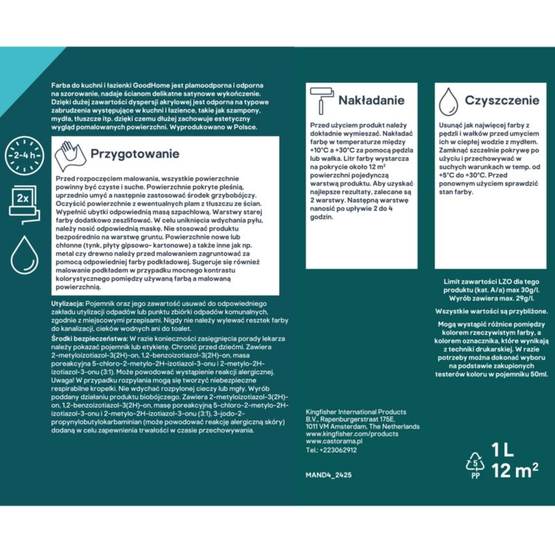 GoodHome Juneau pletresistent maling til køkken og badeværelse 1 l