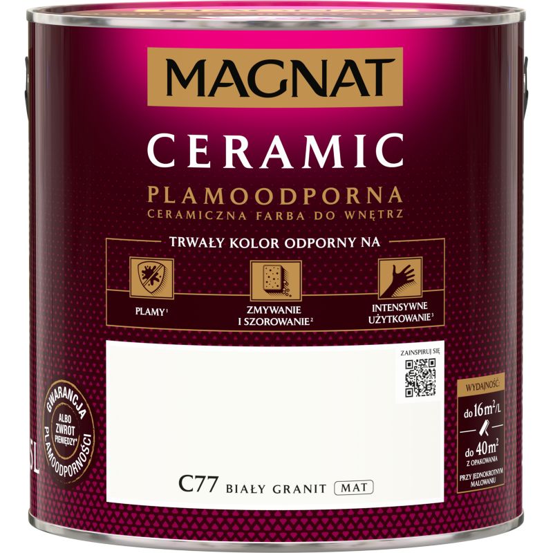 Magnat Ceramic C77 pletbestandig maling i hvid granit, 2,5 l