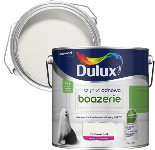 Dulux Szybka Odnowa renoveringsmaling til træpaneler i cremet hvid, 2,5 l