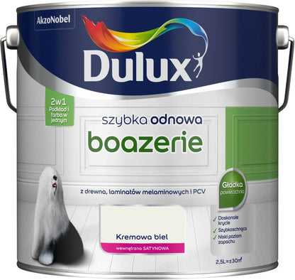 Dulux Szybka Odnowa renoveringsmaling til træpaneler i cremet hvid, 2,5 l