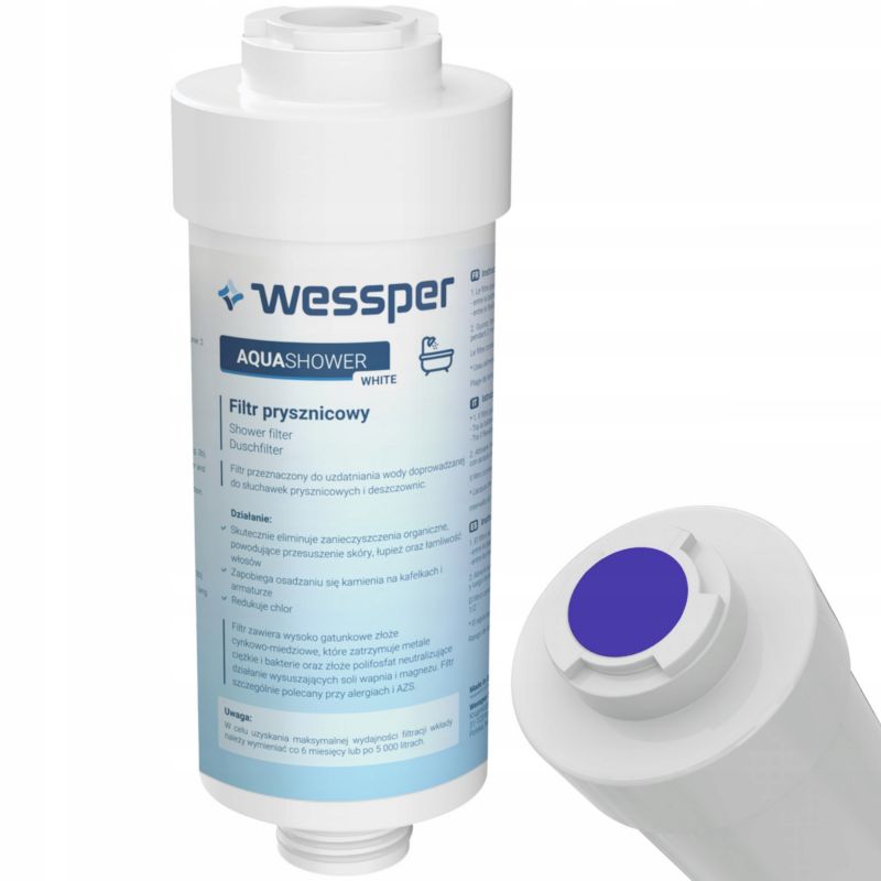 Wessper vandfilter til bruser, vandblødgørende, universelt, til bruserhoveder og slanger, hvid, 1 stk.