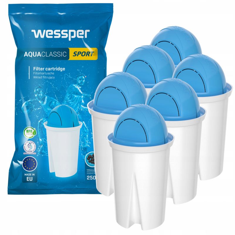 Wessper AquaClassic Sport vandfilter, 6 stk. filterpatroner til kande, erstatning for Brita og Dafi
