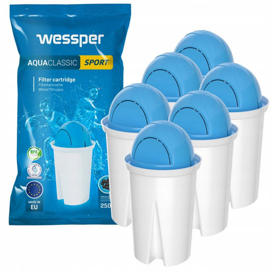 Wessper AquaClassic Sport vandfilter, 6 stk. filterpatroner til kande, erstatning for Brita og Dafi