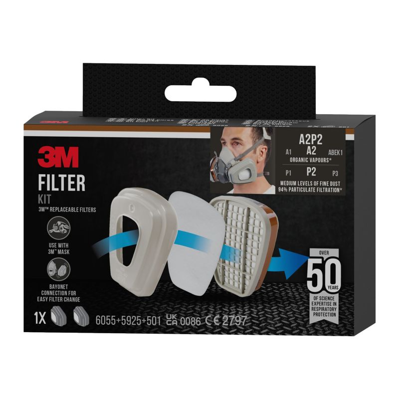 3M 6002-1 A2P2 filtre til maske – organiske dampe, 2x6055, 2x5925, 2x501