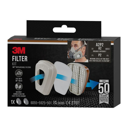 3M 6002-1 A2P2 filtre til maske – organiske dampe, 2x6055, 2x5925, 2x501