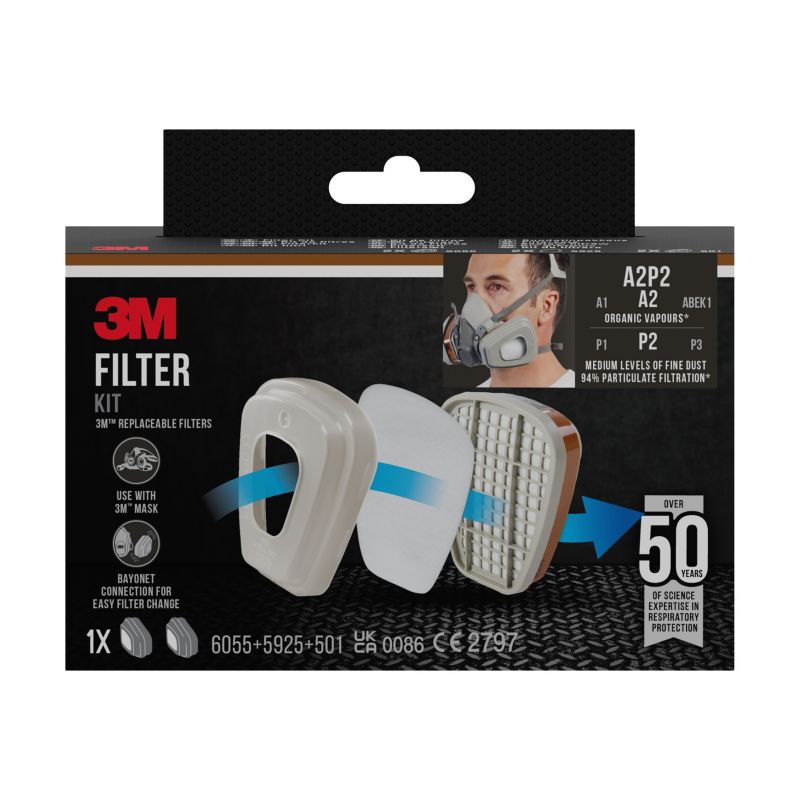 3M 6002-1 A2P2 filtre til maske – organiske dampe, 2x6055, 2x5925, 2x501