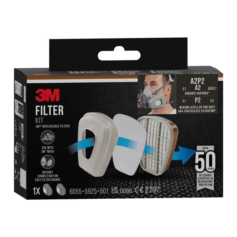 3M 6002-1 A2P2 filtre til maske – organiske dampe, 2x6055, 2x5925, 2x501
