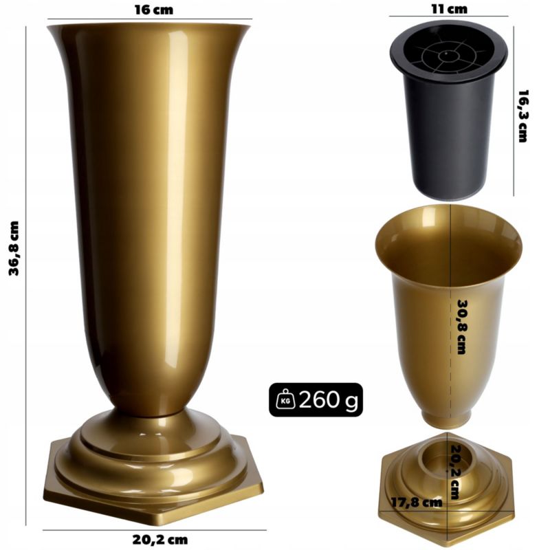KADAX kirkeflakon vase til gravsted med guldfinish, 37 cm, 1 stk.
