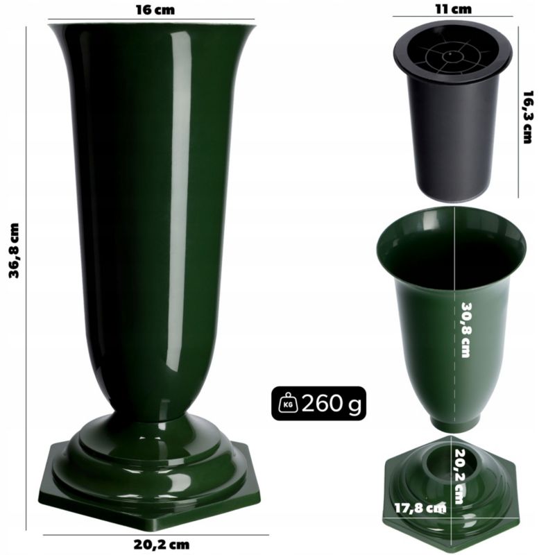 KADAX kirkeflakon vase til gravsted med indsats og fod, grøn, 37 cm, 1 stk.
