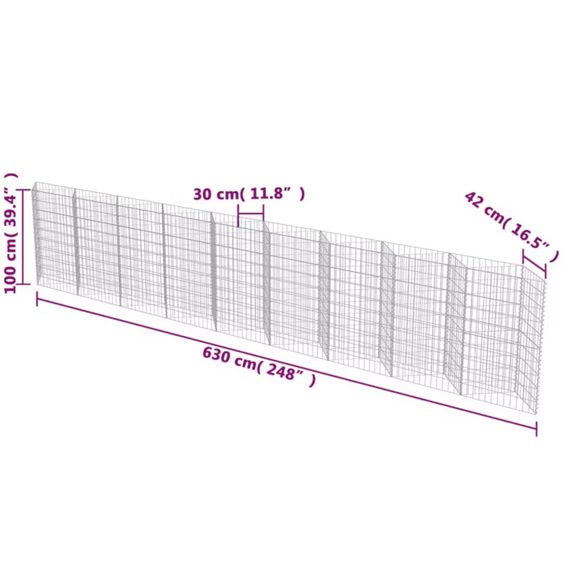 Gabionhegn 630x30x100 cm Galvaniseret Stål 2 Stk