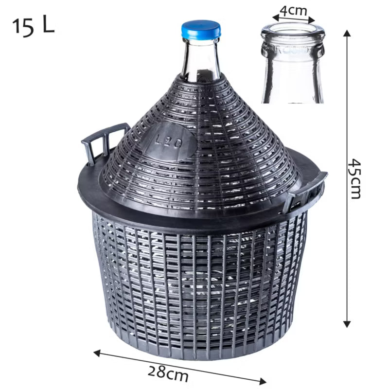 Gæringsballon 15 Liter Glas med Plastkurv