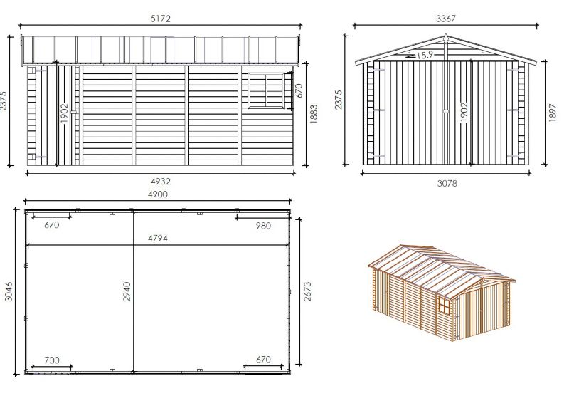 Garage ALTANKA 14,94 m² - 3,05 x 4,93 m - 18 mm - Farve: naturlig træ - 1 stk.