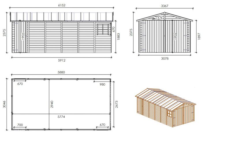 Garage ALTANKA 18,19 m² - 3,05 x 5,91 m - 18 mm - Farve: naturlig træ, 1 stk.