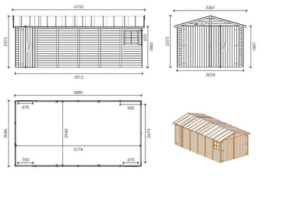 Garage ALTANKA 18,19 m² - 3,05 x 5,91 m - 18 mm - Farve: naturlig træ, 1 stk.