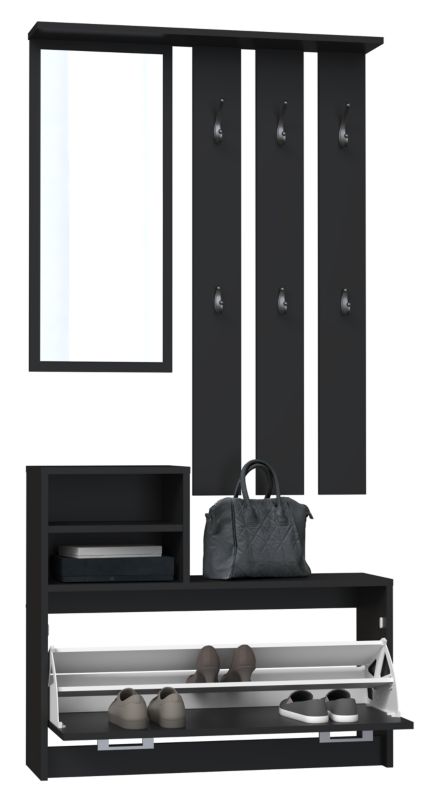 Topeshop Vera garderobe med bøjle, spejl og skoskab - sort 24 x 85 x 180 cm, 1 stk.