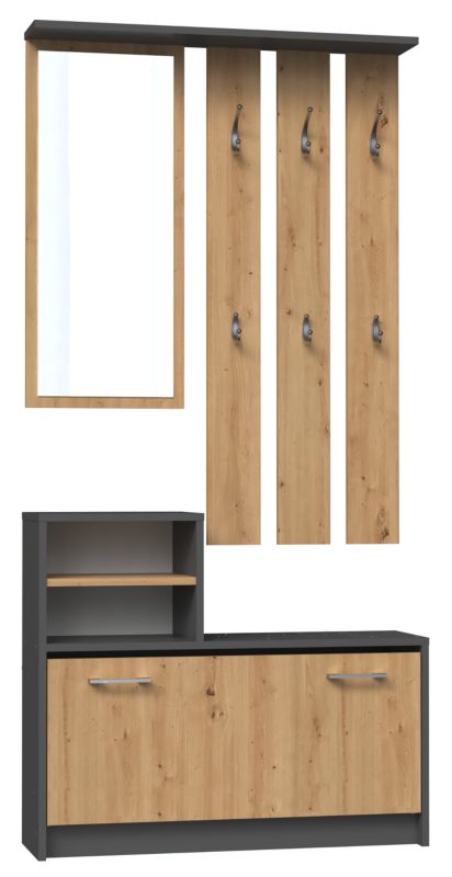 Garderobe Vera Topeshop med bøjler, spejl og skoskab i antracit / Artisan-eg 24x85x180 cm, 1 stk.