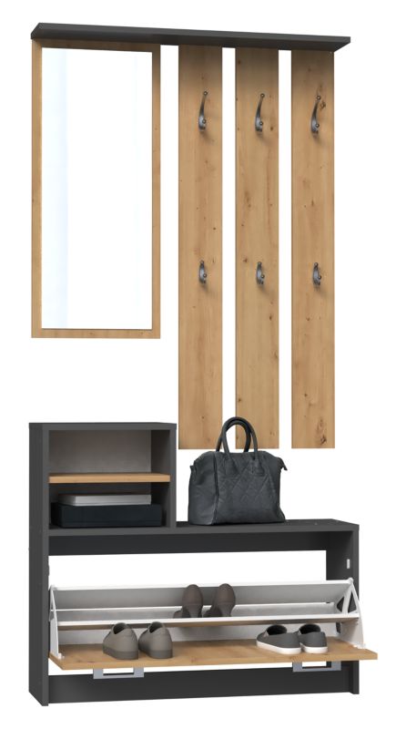 Garderobe Vera Topeshop med bøjler, spejl og skoskab i antracit / Artisan-eg 24x85x180 cm, 1 stk.