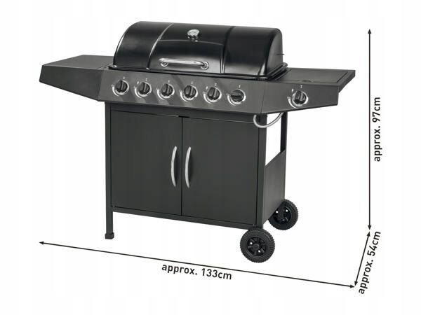 Gasgrill 6+1 Brændere 133x54 cm Sort 17,3 kW