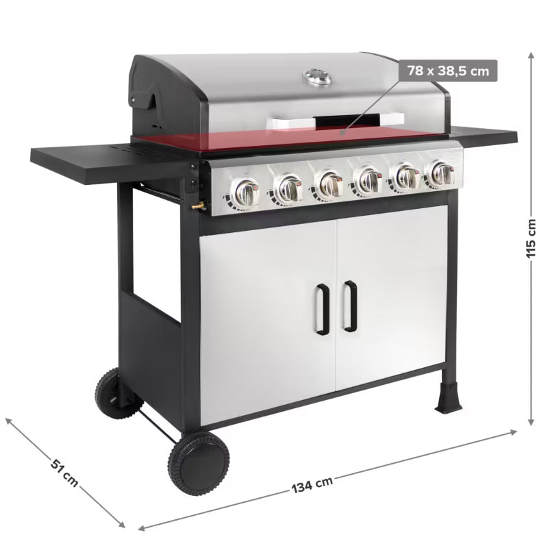 Gasgrill 6 Brændere 134x51 cm Sølv med Støbejernsrist