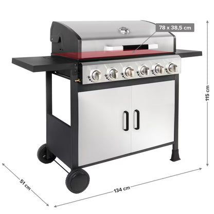Gasgrill 6 Brændere 134x51 cm Sølv med Støbejernsrist