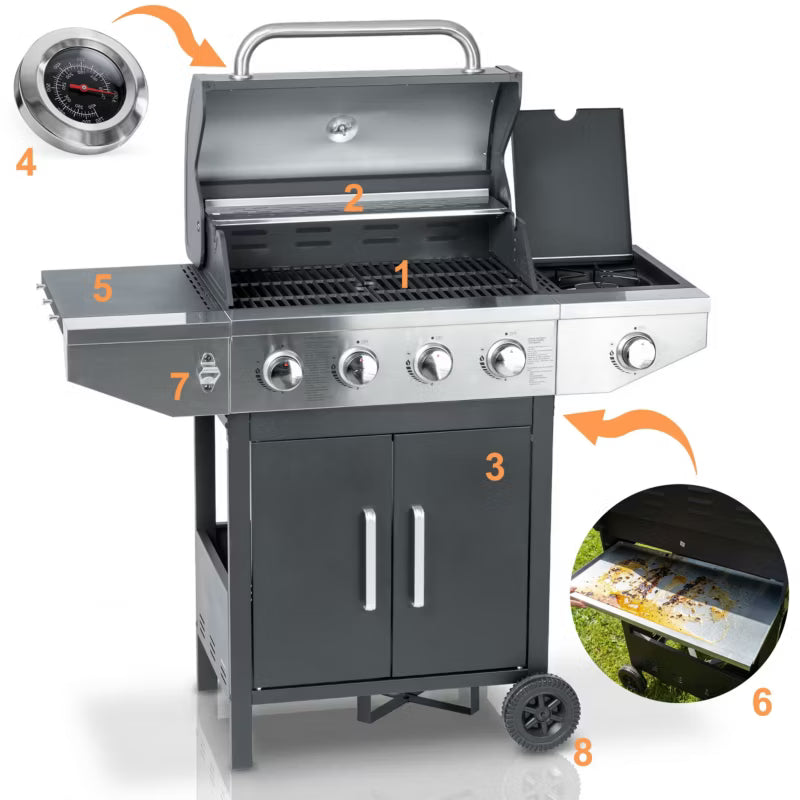 Gasgrill BD-897 4+1 Brændere Støbejernsrist Grå