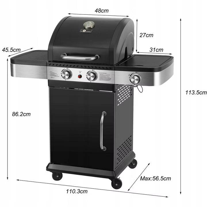 Gasgrill Brockton 2+1 8,5 kW Sort Støbejernsrist