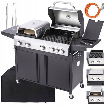 Gasgrill GG501P 3-i-1 med Pizzaovn og Støbejernsrist Sølv