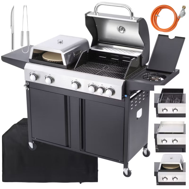 Gasgrill GG501P 3-i-1 med Pizzaovn og Støbejernsrist Sølv