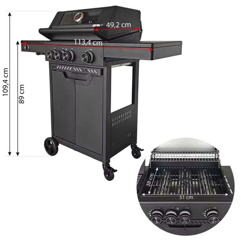 Gasgrill HEATWAVE 3+1 113,4x49,2 cm Sort med LED
