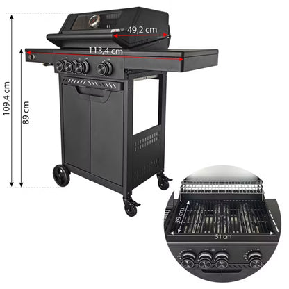 Gasgrill HEATWAVE 3+1 113,4x49,2 cm Sort med LED