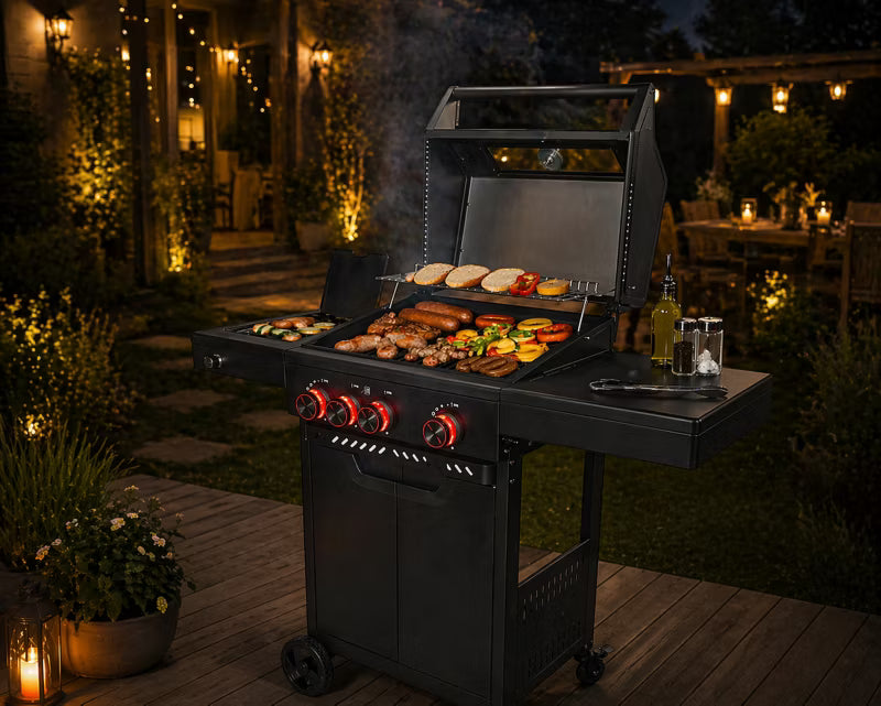 Gasgrill HEATWAVE 3+1 113,4x49,2 cm Sort med LED