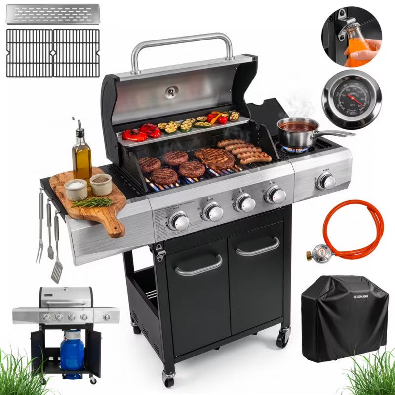 Gasgrill KJ001 4+1 Brændere Sort Rustfrit Stål