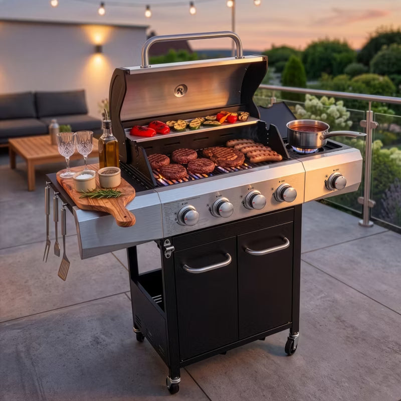 Gasgrill KJ001 4+1 Brændere Sort Rustfrit Stål