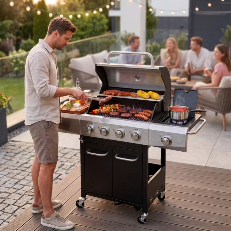 Gasgrill KJ001 4+1 Brændere Sort Rustfrit Stål