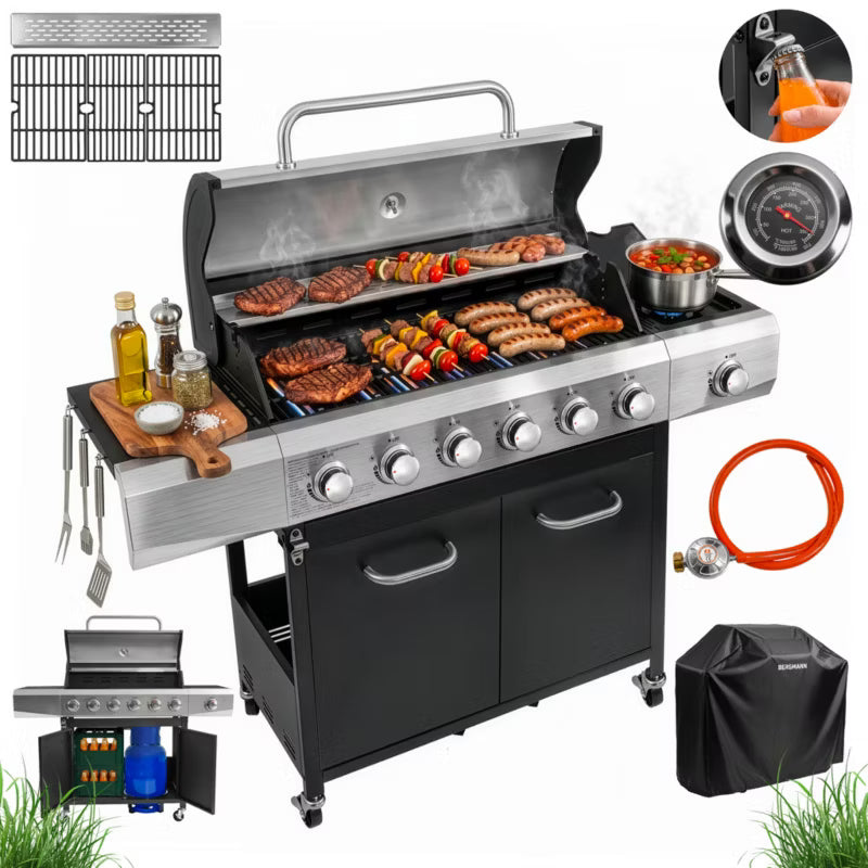 Gasgrill KJ002 6+1 Brændere Sort Stål