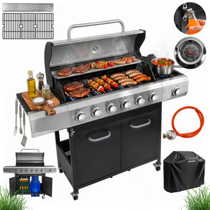 Gasgrill KJ002 6+1 Brændere Sort Stål