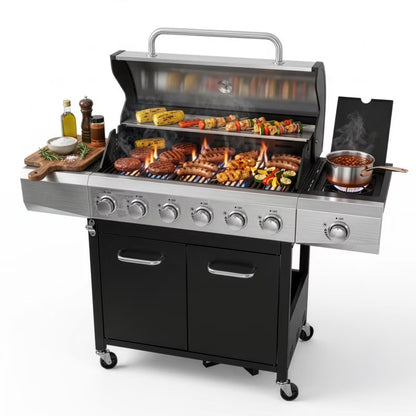 Gasgrill KJ002 6+1 Brændere Sort Stål