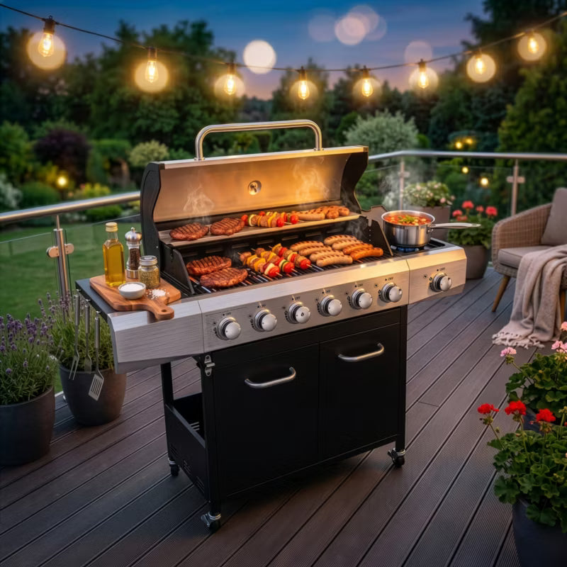 Gasgrill KJ002 6+1 Brændere Sort Stål