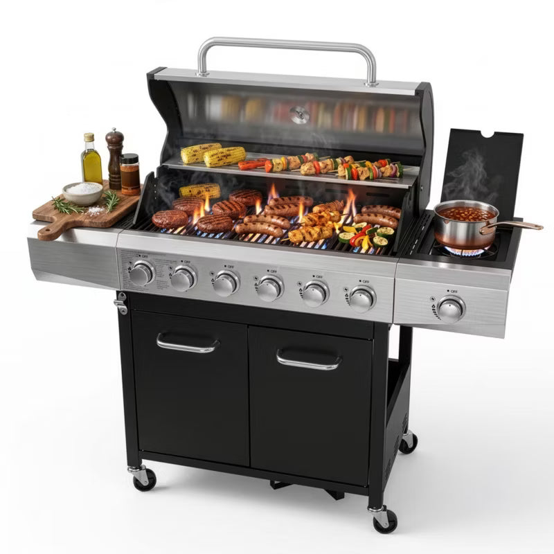 Gasgrill KJ002 6+1 Brændere Sort Stål