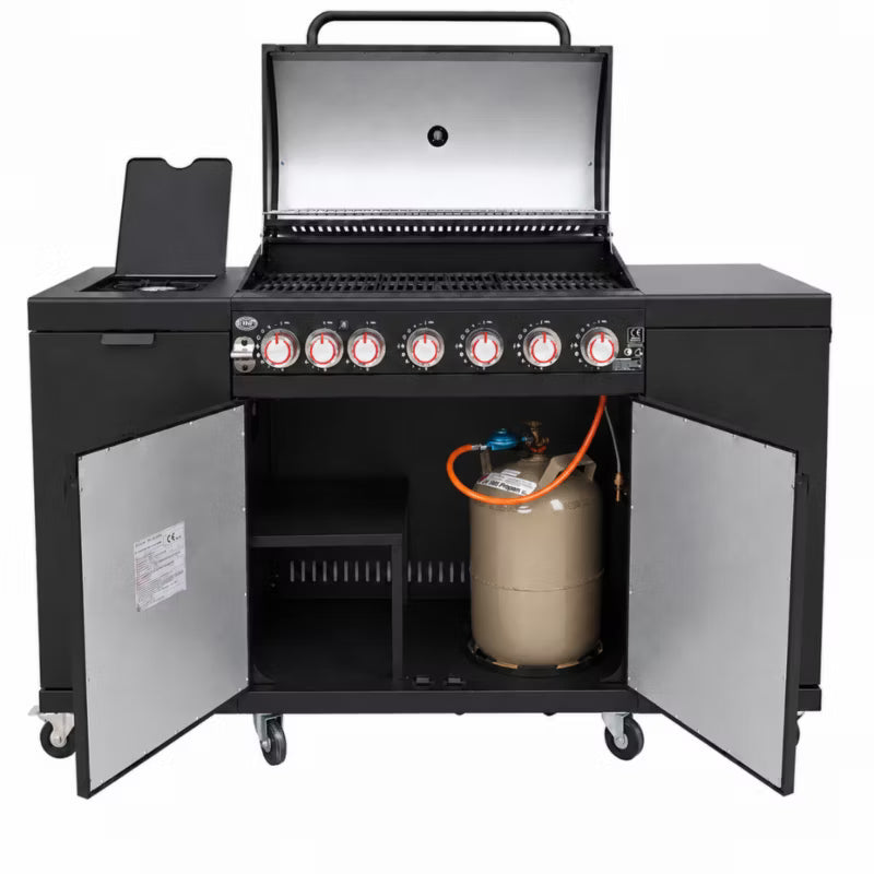 Gasgrill KUCHNIA 6+1 160x49 cm Sort med Sidebrænder