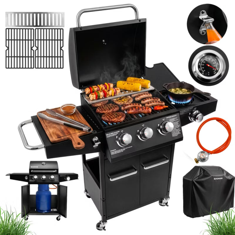 Gasgrill NL001 3+1 Brændere Støbejernsrist Sort