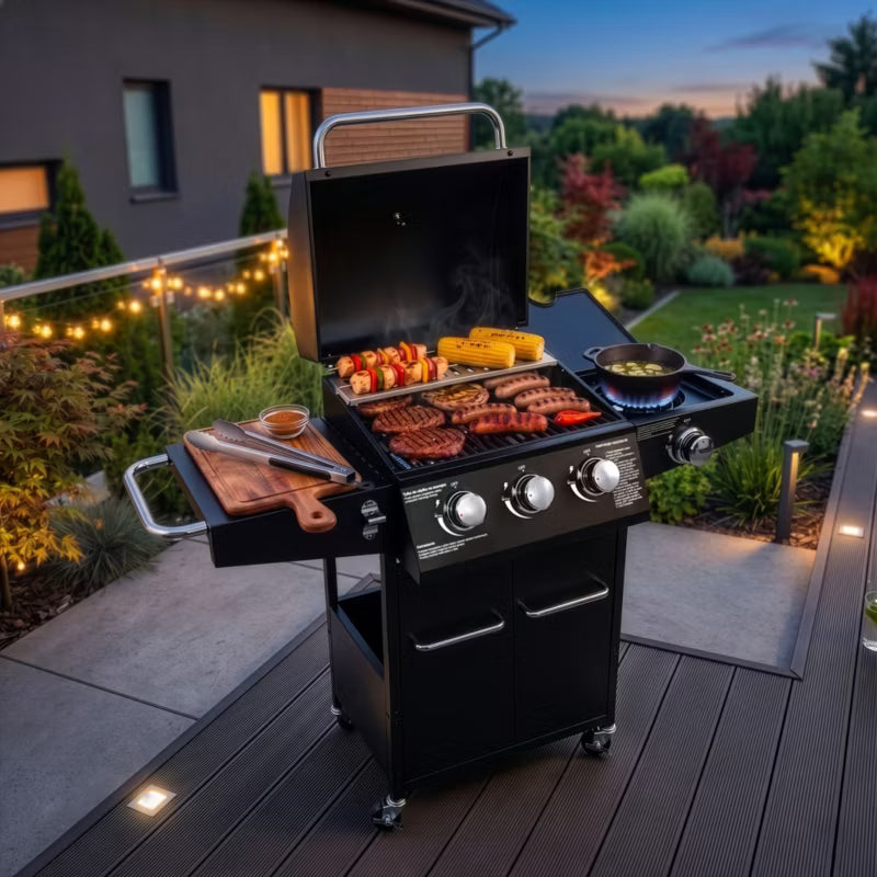 Gasgrill NL001 3+1 Brændere Støbejernsrist Sort