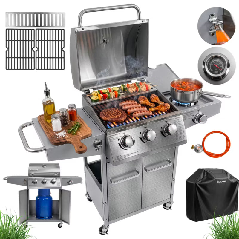 Gasgrill NL002 3+1 Brændere Rustfrit Stål med Støbejernsrist